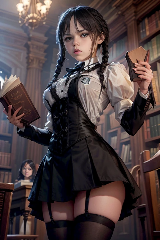 Ultra realistic, Jenna Ortega, black hair braided twintails,  angry face,  medium breasts,  Victorian maid uniform, micro skirt,  garter belt, knee stockings, dark gothic library