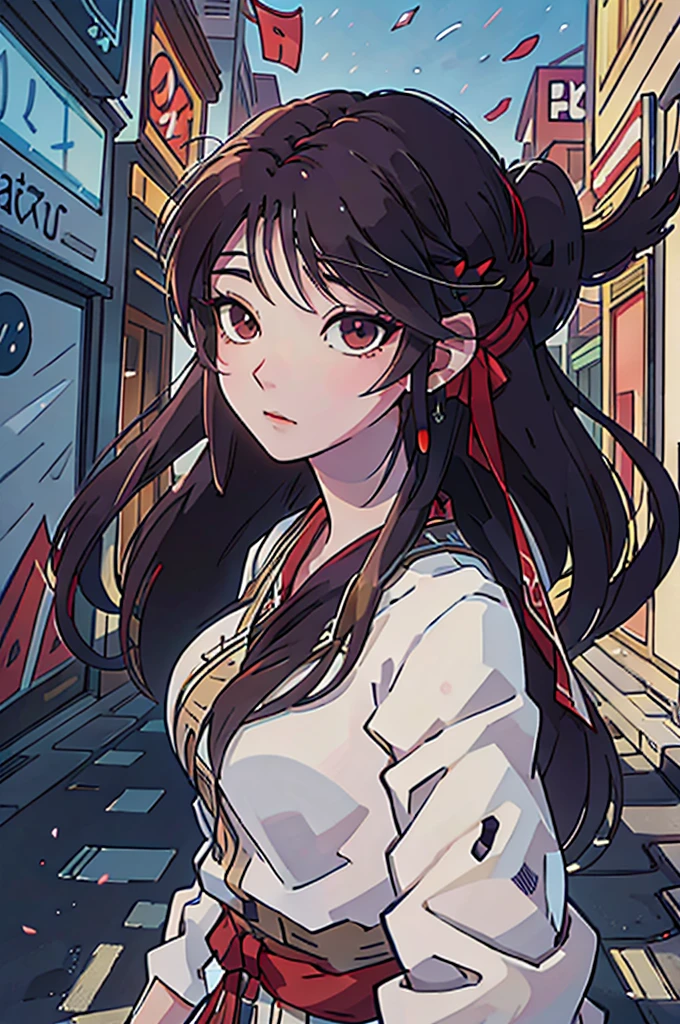 (best-quality:0.8), (best-quality:0.8), perfect anime illustration, extreme closeup portrait of a pretty woman walking through the city