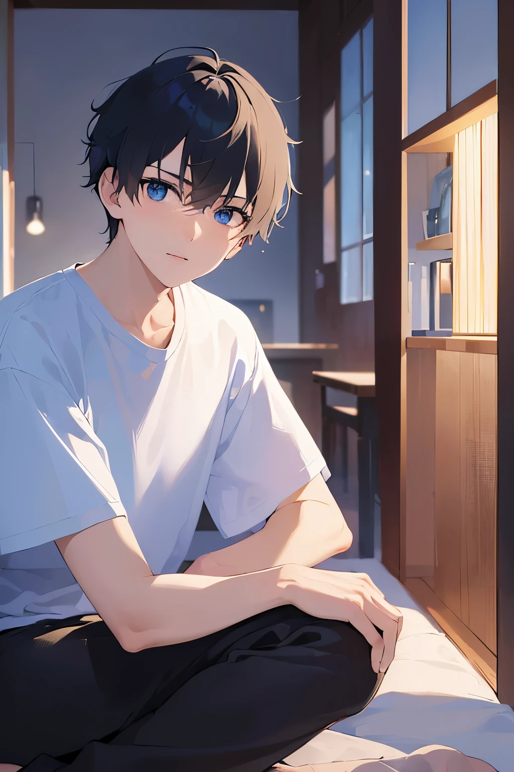 (night:1.5), Close-up of your face、masterpiece、Highest quality、(2 male:1.5) and (Black short hair) and (blue eyes), (White T-shirt)、Are standing、confused, The background is the living room at night、alone、