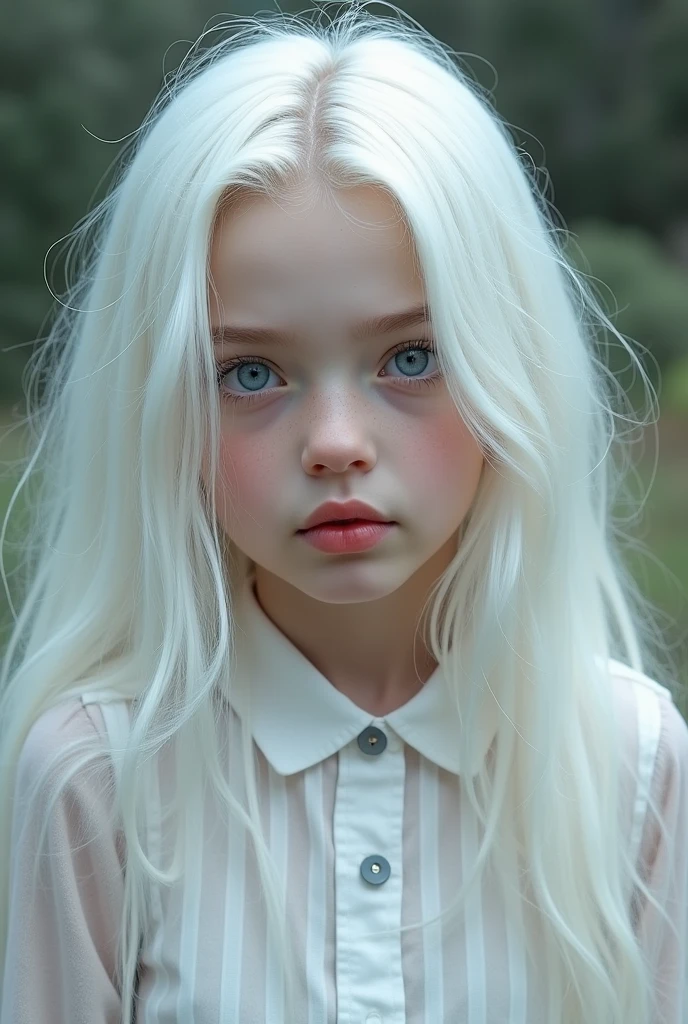 a girl with white long hair blue eyes white pale skin red lips white eyebrows button nose, upper body