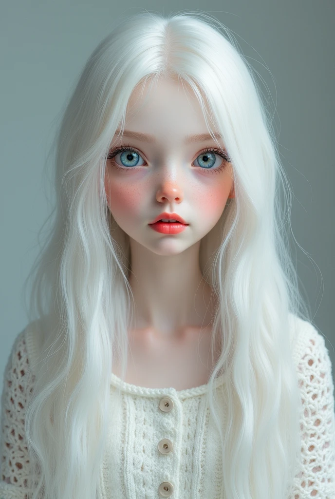 a girl with white long hair blue eyes white pale skin red lips white eyebrows on nose, upper body
