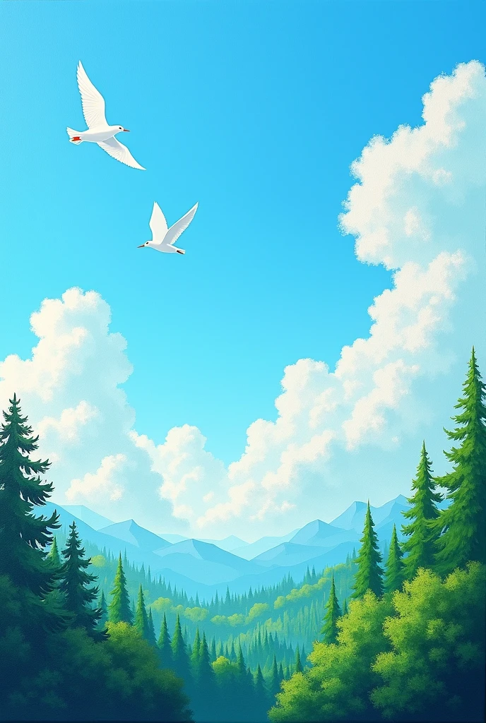 Create a painting in the pointillism style that represents peace, hope, something that gives off a calm vibe when someone looks at it and that has forests, a blue sky, and white birds in the sky.