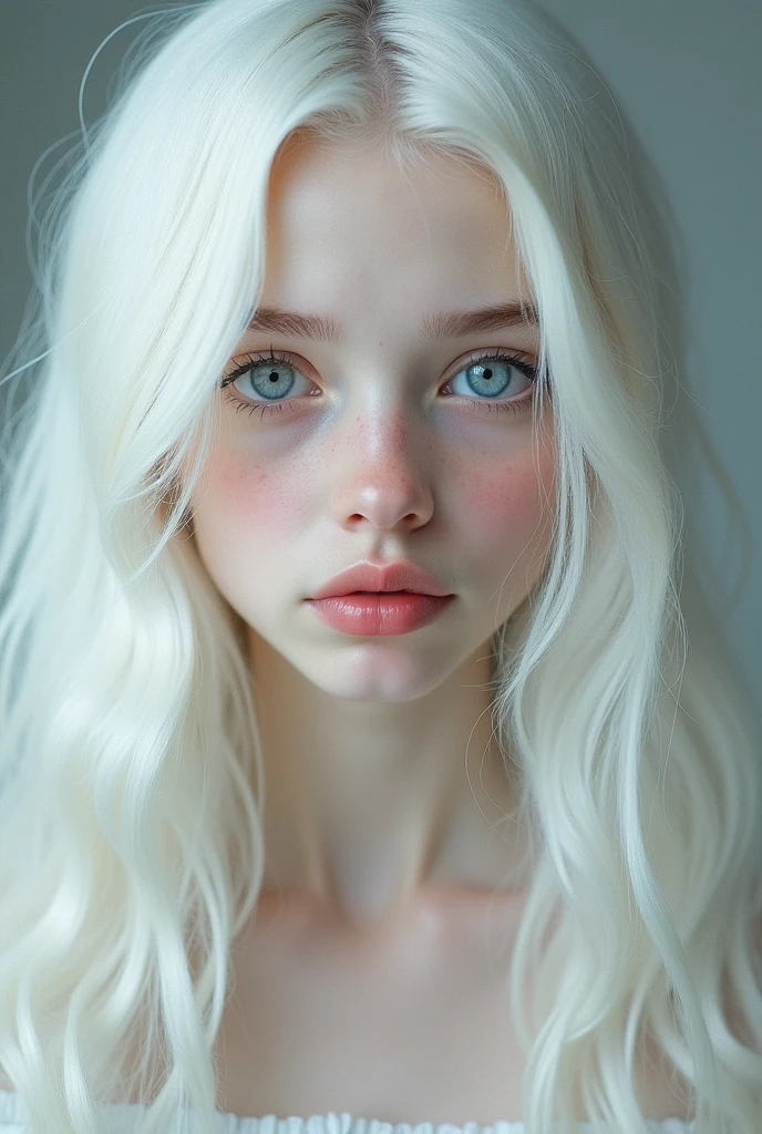 a girl with white long hair blue eyes white pale skin red lips white eyebrows button nose