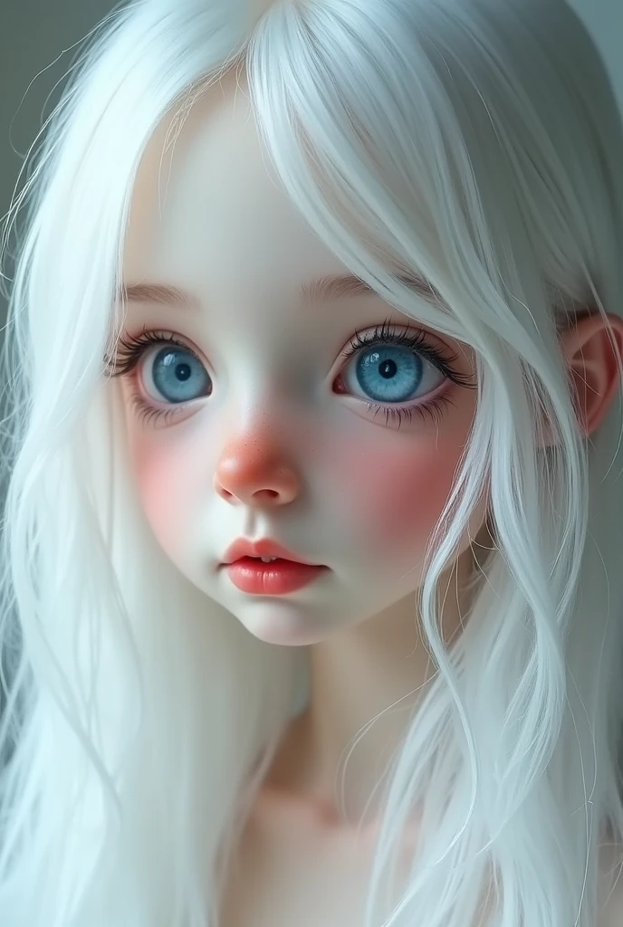 a girl with white long hair blue eyes white pale skin red lips white eyebrows button nose