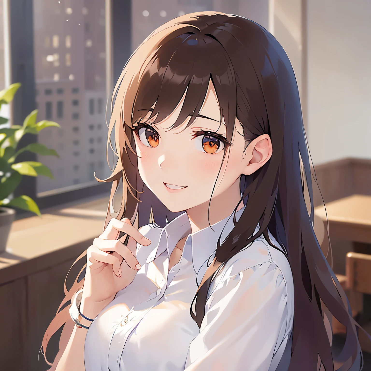 side angle,(looking away:1.5),Upper Body,head tilt,(own hands together:1.5)、5 biologically correct fingers、 Realistic, real person, (pale skin: 1.2), RAW photo, photorealistic, shiny skin, shiny hair、 (A 2 woman with medium-length hair and bangs) and (wavy hair) and (brown hair) and (orange eyes) , （white collared shirts） (smile:1.5),open mouth, The background is the conference room、（alone:1.5）