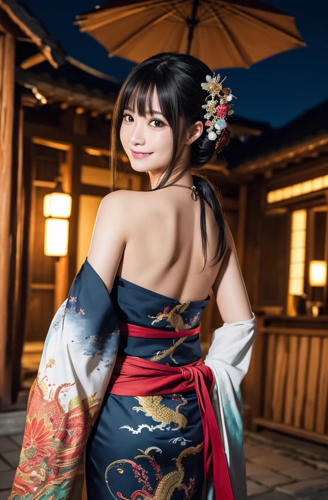 8K Ultra HD, Digital SLR,Film Grain, Fujifilm XT3,(Highest quality:1.3), (masterpiece:1.1), High resolution, Cinematic Light, Intricate details, (Realistic) (Night view) Realistic backlight、ドラマチックなredトーンの光、Beautiful Japanese Geisha full body photo, ((Facial texture Pore details)), Grin、悪魔のようなsmile, Simple messy hairstyle, 伝統的な龍のモチーフが描かれたサテンの黒いkimonoを着て, Open shoulders, Colorful dragon tattoos all over the body, Long blade, Inside a traditional villa,White-hilted Japanese sword, 8k, Front blur,Ultra HD, Digital SLR,Film Grain, Fujifilm(8k, Highest quality, masterpiece:1,2), (Realistic, Realistic:1.37), Very detailed, one person's,), (Very detailed), (Detailed and beautiful eyes), (Highest qualityの), (Very detailed ), (masterpiece), (Detailed face),woman((1)), hair((red, Wavy, length)), eye ((red eye, big eye)), Clothes((kimono,big slit, redい花柄)), accessories ((Earrings, necklace)), Huge breasts, big , smile, background,長いhair,Red Clothes,Cowboy Shot