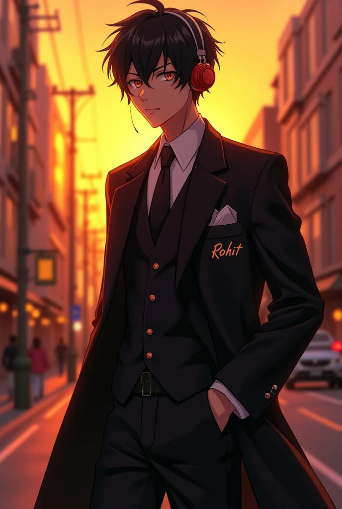 A 18 years boy wearing a bossy dress and a headphone walking in the street during sunset where "Rohit" Is written in his black over coat and Pant in a formal office dress of Japanese style