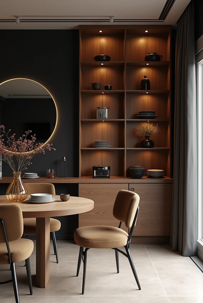 Dining room with German corner and mirror on the wall with black MDF and wooden MDF in the cabinets and light porcelain floor, touches of lighting and minimalist and organic furniture