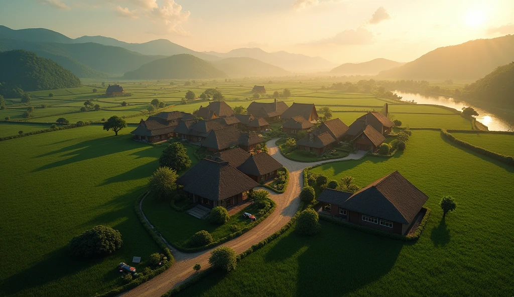 A high-resolution aerial drone shot of a peaceful rural village. The village is surrounded by lush green fields, winding dirt roads, and scattered traditional houses with thatched or tiled roofs. The sun is low in the sky, casting long shadows, and there is a river or small lake nearby, reflecting the golden hues of the sunset. The village has a serene, idyllic atmosphere, with a few trees scattered around and distant mountains or hills visible in the background."