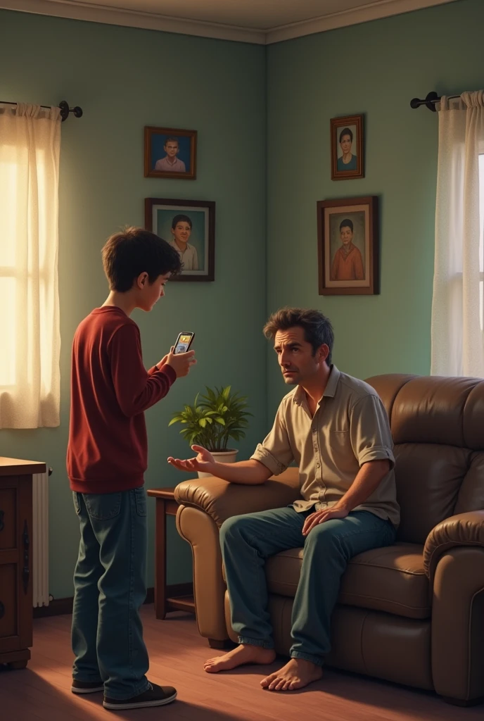 : A teenage boy stands in front of his father in a modest living room. The boy looks frustrated, holding his old mobile phone, while the father, wearing simple clothes, is seated on a worn-out sofa. The father has a calm expression, explaining something gently. The room is small, with basic furniture and a slight hint of family photos on the wall.