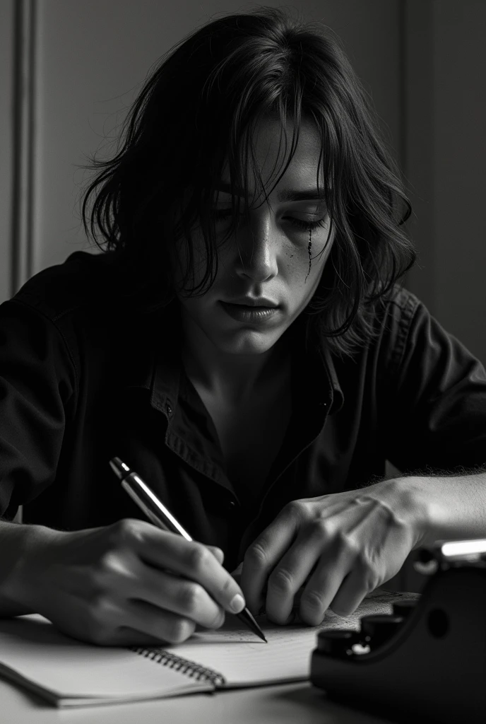 A b&w image of a man in a dilapidated writing room cutting his wrist with a fountain pen while looking directly at the camera. He looks unbothered and hypnotized. He has long hair covering is entire face and tears are dripping town his face but he shows no emotion. The man is 2 and there is a typewriter behind him. It is a horror setting and the room is barely lit. He does not have a beard and has dark eyes like he hasn't slept for weeks. He is clean shaven. He looks like a teenager. He is cutting his wrist with the pen and it is bleeding 