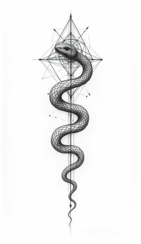 tattoo design, snake, white background, simple background, geometric lines, fine line, complex, drawing style, divination