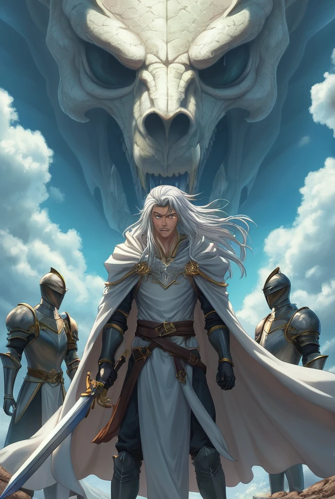 Artwork, highest quallity, アニメ. Molde de Goblin Slayer, Estilo アニメ, a handsome boy, 2 knight, wearing a gleaming full plate armor, with a long white cape flying in the wind like the clouds in the sky, wielding a shining longsword with a silver blade and a jeweled gold handguard. The background is a huge white dragon with silver scales,he is roaring furiously.