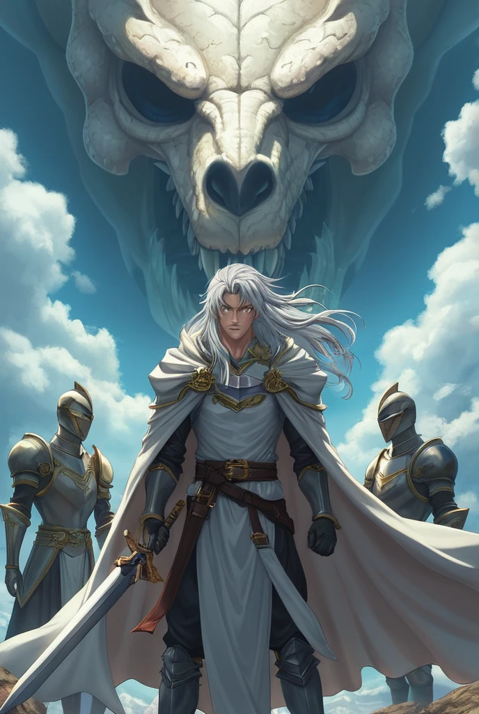 Artwork, highest quallity, アニメ. Molde de Goblin Slayer, Estilo アニメ, a handsome boy, 2 knight, wearing a gleaming full plate armor, with a long white cape flying in the wind like the clouds in the sky, wielding a shining longsword with a silver blade and a jeweled gold handguard. The background is a huge white dragon with silver scales,he is roaring furiously.