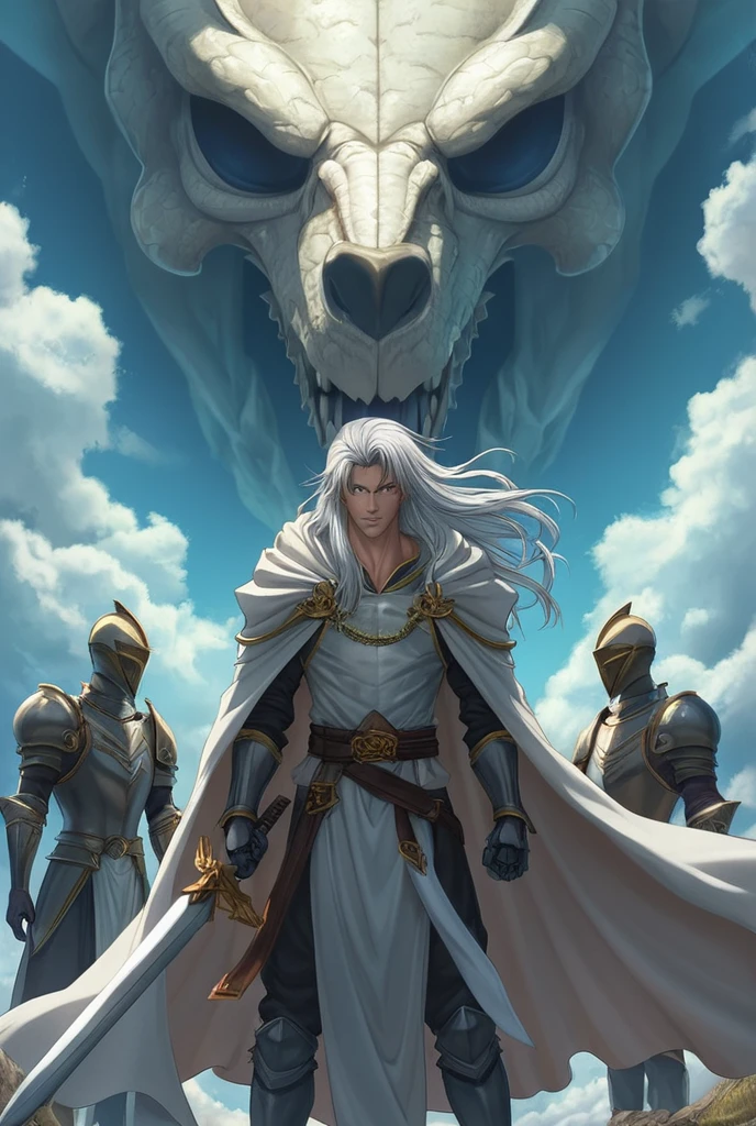 Artwork, highest quallity, アニメ. Molde de Goblin Slayer, Estilo アニメ, a handsome boy, 2 knight, wearing a gleaming full plate armor, with a long white cape flying in the wind like the clouds in the sky, wielding a shining longsword with a silver blade and a jeweled gold handguard. The background is a huge white dragon with silver scales,he is roaring furiously.