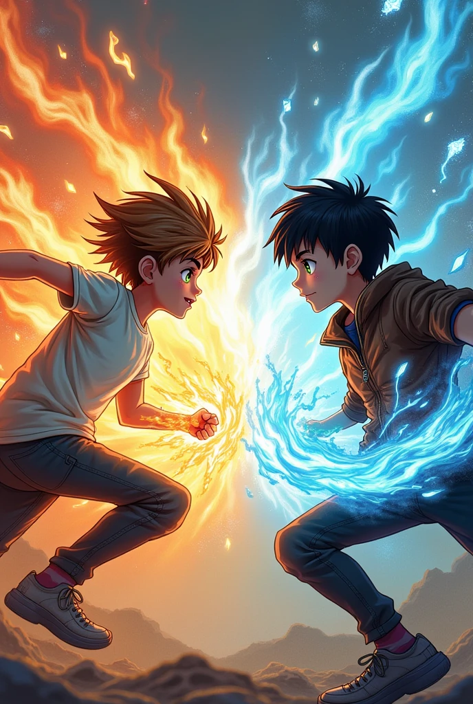 Make a brown hair green eyes extrevert boy fight with another black hair BROWN eyes introvert boy the boy brown hair has plasma powers and the black hair boy wind powers in cool fight szene the black hair boy has jacket on and the brown boy t-shirt they have cool fight szene wind power vs plasma red power