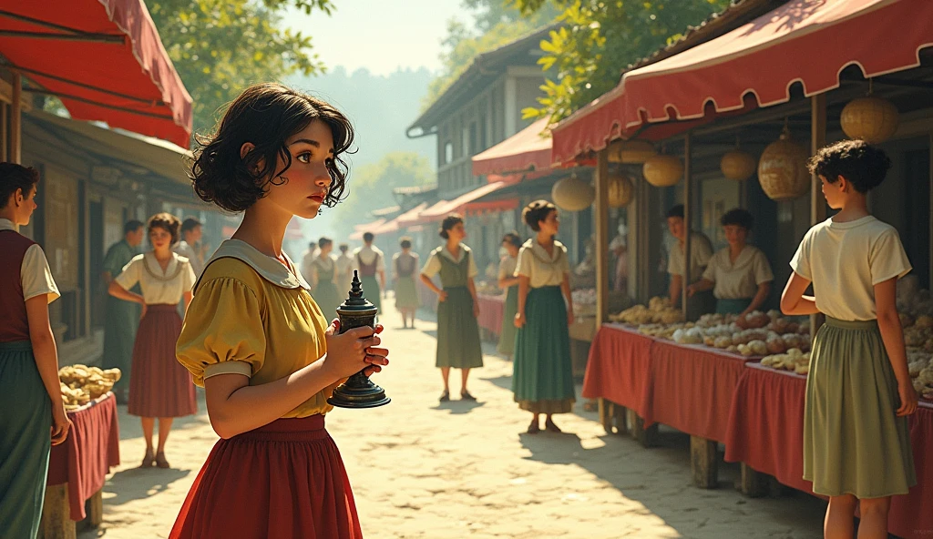 Prompt: A vintage illustration of Lily standing in a bustling village market, holding a small, worn-out lamp in her hands. She looks determined as she tries to sell the lamp to passersby. The market is lively with various stalls selling goods, and villagers dressed in mid-20th century attire are seen chatting and bargaining. The architecture of the village has a quaint, rustic charm with old wooden buildings and colorful awnings. The scene is filled with warm colors, capturing the late afternoon light.