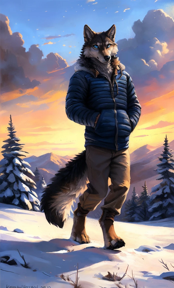 ((Solo)), male people, anthro wolf, (Multi-colored fur, White-brown:1.3，White tail pointed), (Height 2.1m,Tail length 1.2m), ((Wolf face, Big eyes, White eyelids, Blue pupil, Slim:1.2) (Tough, Calm expression:1.2)), Slim, pinging)), (Correct ???????), (Winter clothing:1.1), The upper body  naked, (detailed outfits),A long big tail，Feet，(Realistic fur, Detailed fur texture, labeled:1.3)), (Natural lighting), Photorealistic, Hyperrealistic, ultradetailed, by Kenket，Snowfield，????? through，Running on