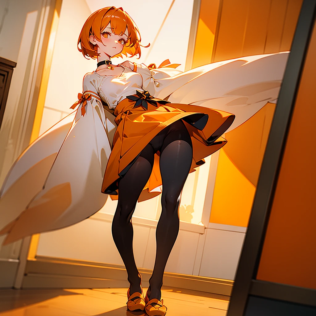 Highest quality Highest quality masterpiece Super detailed An illustration One Girl tall Orange short bob Small breasts Choker with orange round gemstone Oversized cream off-white sweater Moe sleeves Ribbon on waist No pants black tights Orange indoor slippers