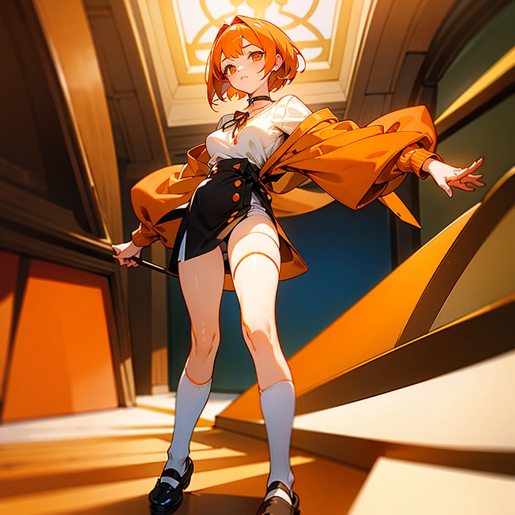 Highest quality　Highest quality　masterpiece　Super detailed　An illustration　One Girl　tall　Orange short bob　Small breasts　Choker with orange round gemstone　Oversized cream off-white sweater　Moe sleeves　Ribbon on waist　No pants　black tights　Orange indoor slippers　