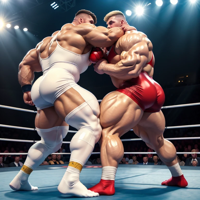 full view full body, Two different white very small but enlarged men, over-bodybuilded, over-inflated and over-muscled on steroids, stuffed like gorets, looking like muscle balloons, they are as wide as they are tall, blond with short undercut cuts, in shiny white latex skinsuits and white socks, fiercely wrestling in a wrestling ring in their white socks , no shoes There are spectators around