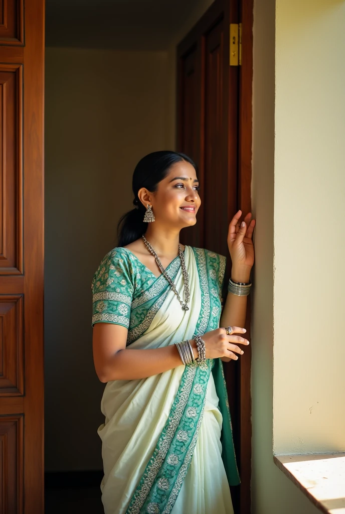 (photo ratio 1:1)The image features a young woman standing in front of a wooden door and a cream-colored wall. She is wearing a traditional Indian sari with a predominantly white base and intricate green and blue patterns. The sari has a mix of floral and geometric designs. The woman has her hair tied back and is accessorized with silver earrings and bangles. She appears to be lock at window,window is open and sunlight is on his half face,on hand below his face and smiling