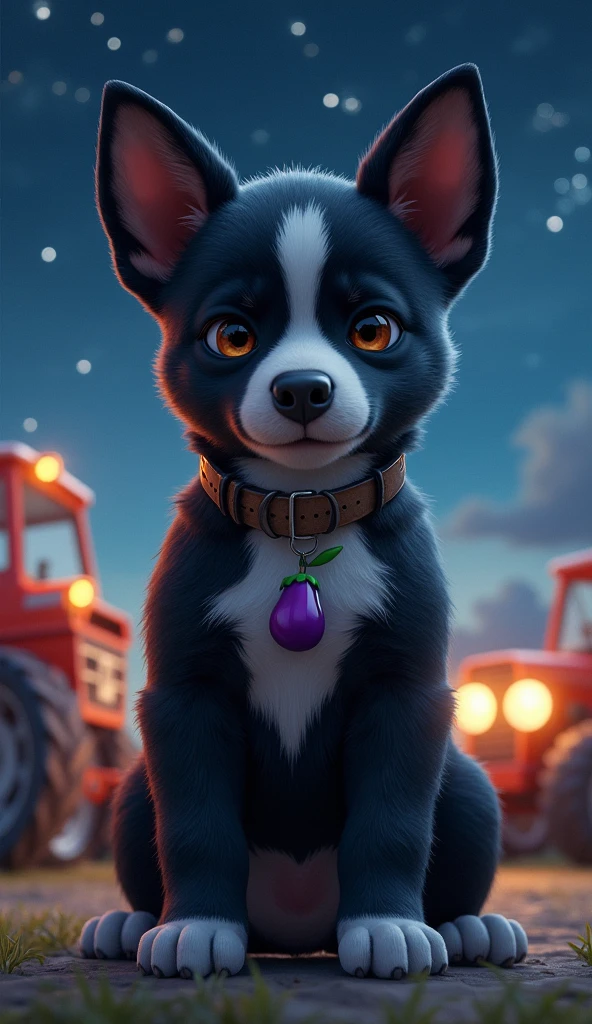 Masterpiece. Conceptual art. 16K. UHD. High quality, photorealism. Thematic background.
Cute serious Guard Puppy. Black puppy with a white stripe on his muzzle from forehead to mouth. Large white spot on his chest. White paws. A pendant in the form of a small eggplant hangs on his collar. Starry night. Guards agricultural machinery.
Stunning full-color design, sharp focus, studio shooting, intricate details, high detail, detailed anatomy. Hyperrealism.