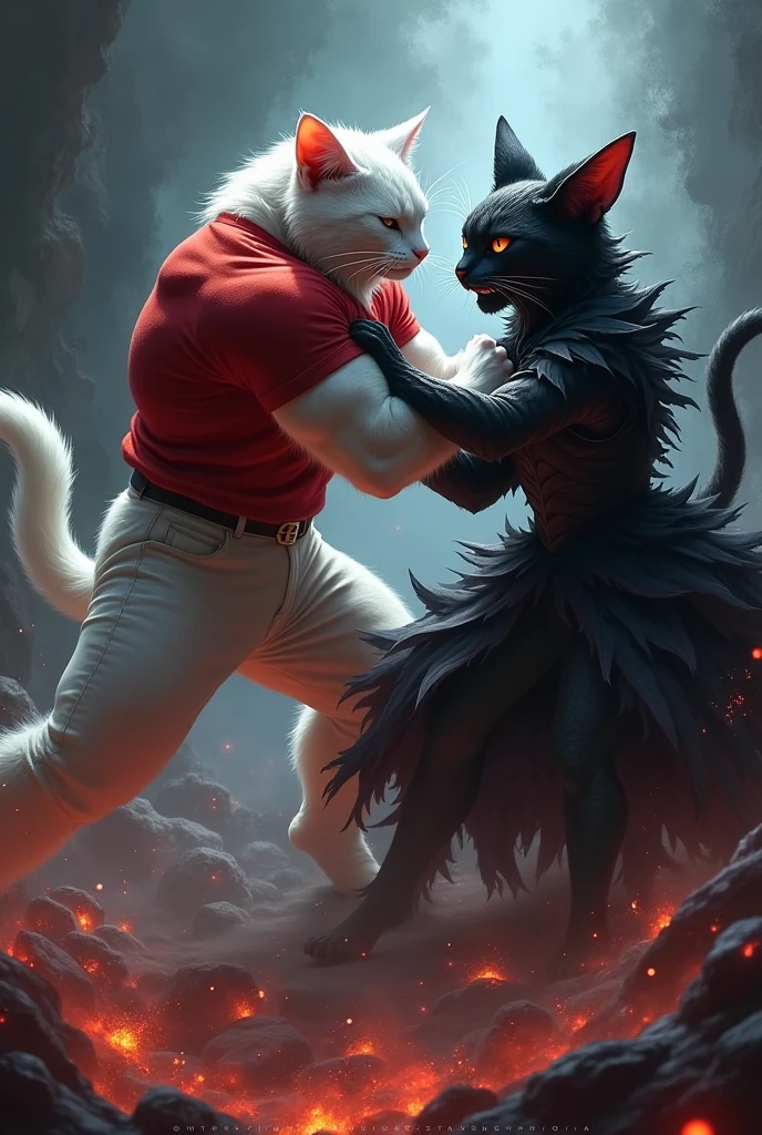 Intense Battle with Dramatic Lighting:
Description: An action-packed scene featuring the white bodybuilder cat and the black villain cat in a fierce battle. The white cat, in a red shirt and white pants, and the black villain, in a dark devil dress and magic cap, are locked in combat. Dramatic lighting highlights the intensity of the struggle and the dramatic contrast between the characters.