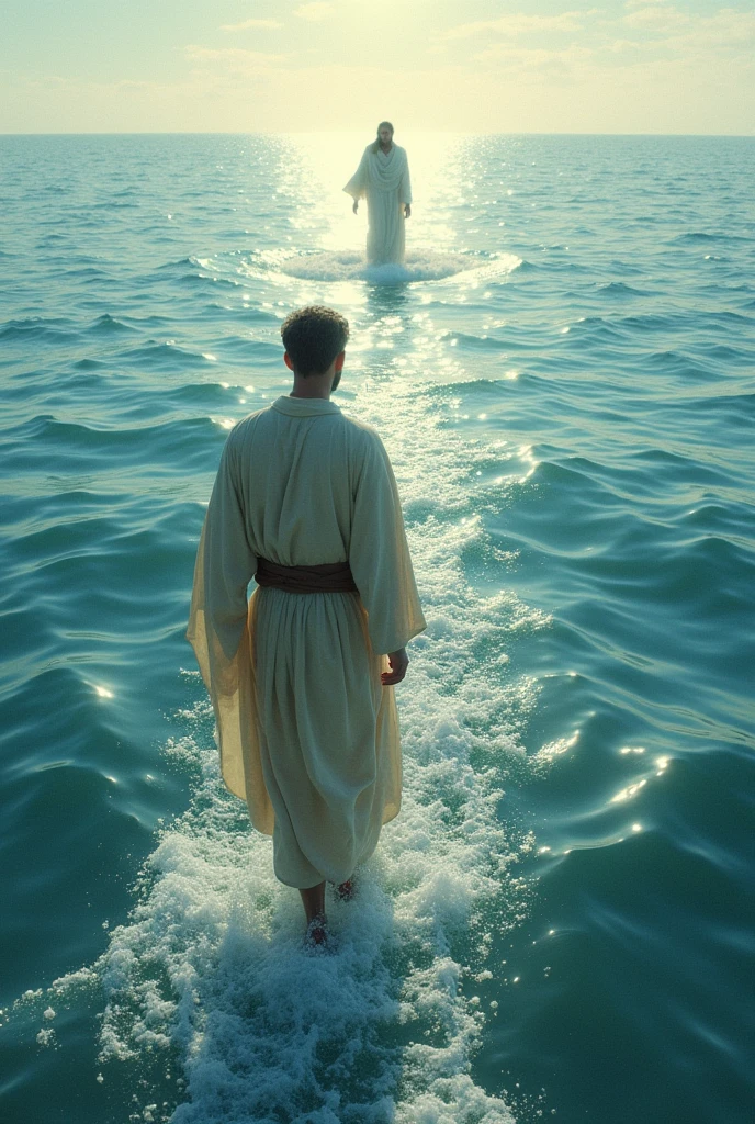 Setting: A vast, shimmering ocean at daylight, not too bright
Main character: A lean, average-height man in tunics like what Jews wear, short haircut walking on top the water going to a Person who is divine just like Peter going to Jesus
View: Mans back ia the point of view, around 2 miles in midst of water
Emotional state: The man appears to be both afraid and hopeful.
Atmosphere: The scene is peaceful and contemplative, with a hint of melancholy