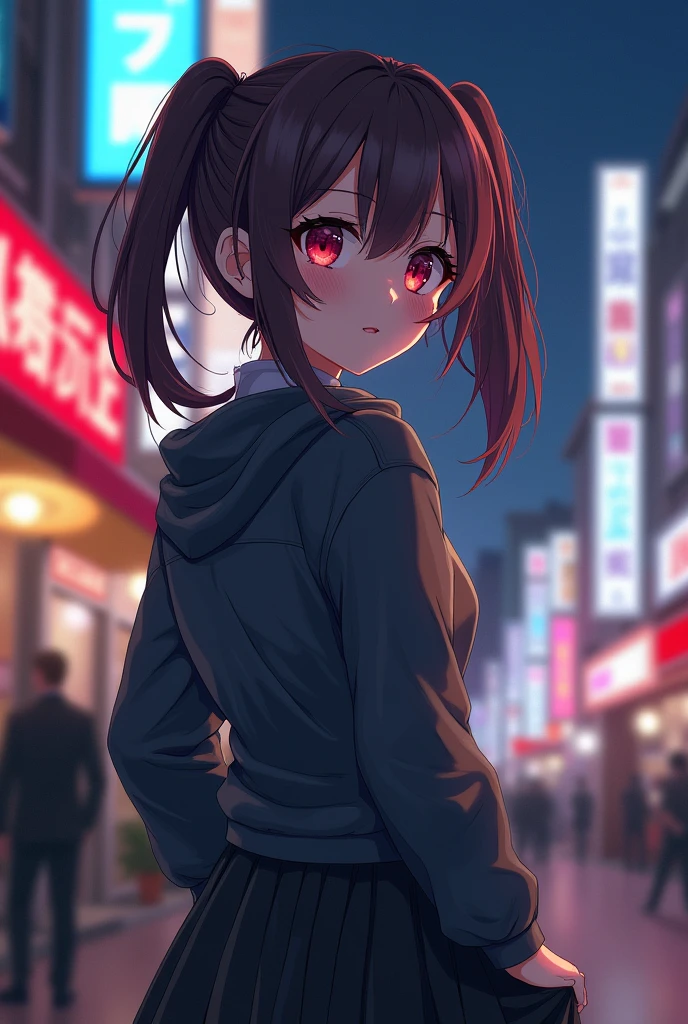 masterpiece, Best Quality, HuTaoV4, 1 girl, Alone, blush, two tails, by the wide, hair between the eyes, ((Street clothes)), city, outdoor, evening, movie poster, 8k extremadamente detallado, seeds, High resolution, ultra quality, cinematic lighting, ambient occlusion, High Definition, 2k, 4k, 8k, 16k, extremely detailed anime, Detailed faces, perfect composition, plano general, atmospheric lighting, very sexy, lift skirt, random lower back angle, uncensored, NSFW, uncensored
