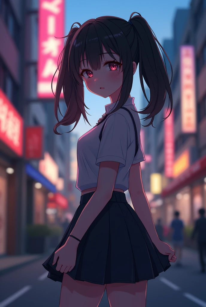 masterpiece, Best Quality, HuTaoV4, 1 girl, Alone, blush, two tails, by the wide, hair between the eyes, ((Street clothes)), city, outdoor, evening, movie poster, 8k extremadamente detallado, seeds, High resolution, ultra quality, cinematic lighting, ambient occlusion, High Definition, 2k, 4k, 8k, 16k, extremely detailed anime, Detailed faces, perfect composition, plano general, atmospheric lighting, very sexy, lift skirt, random lower back angle, uncensored, NSFW, uncensored