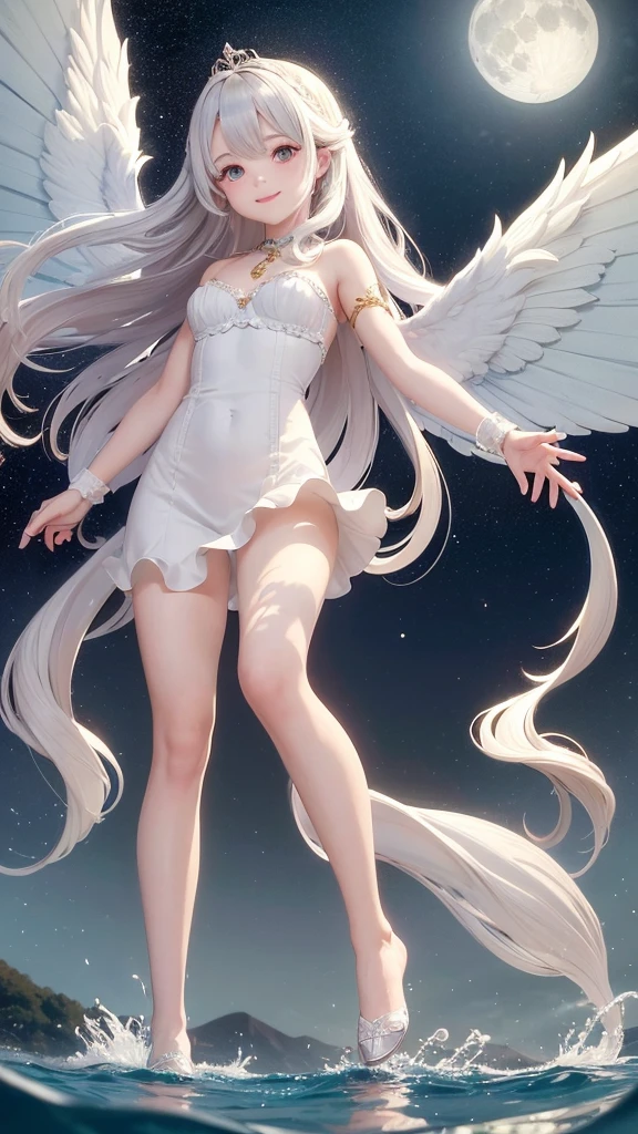 1 fairy, mature girl, golden side tail, large garnet-colored eyes, cute smile of a young face, as if to emphasize the line of the body, dressed in a long white and silver-white frill curtain that is wrapped in the wind, shaking the four rainbow-colored wings growing on her back, flying over the surface of the lake, night curtain, a large moon dominates the sky, a lake where the moonlight reflects wildly, and while creating a water pattern on the lake surface, on the stage of the lake surface of the deep forest, the one-of-a-a-a-kind, a nice full-body up angle photo,