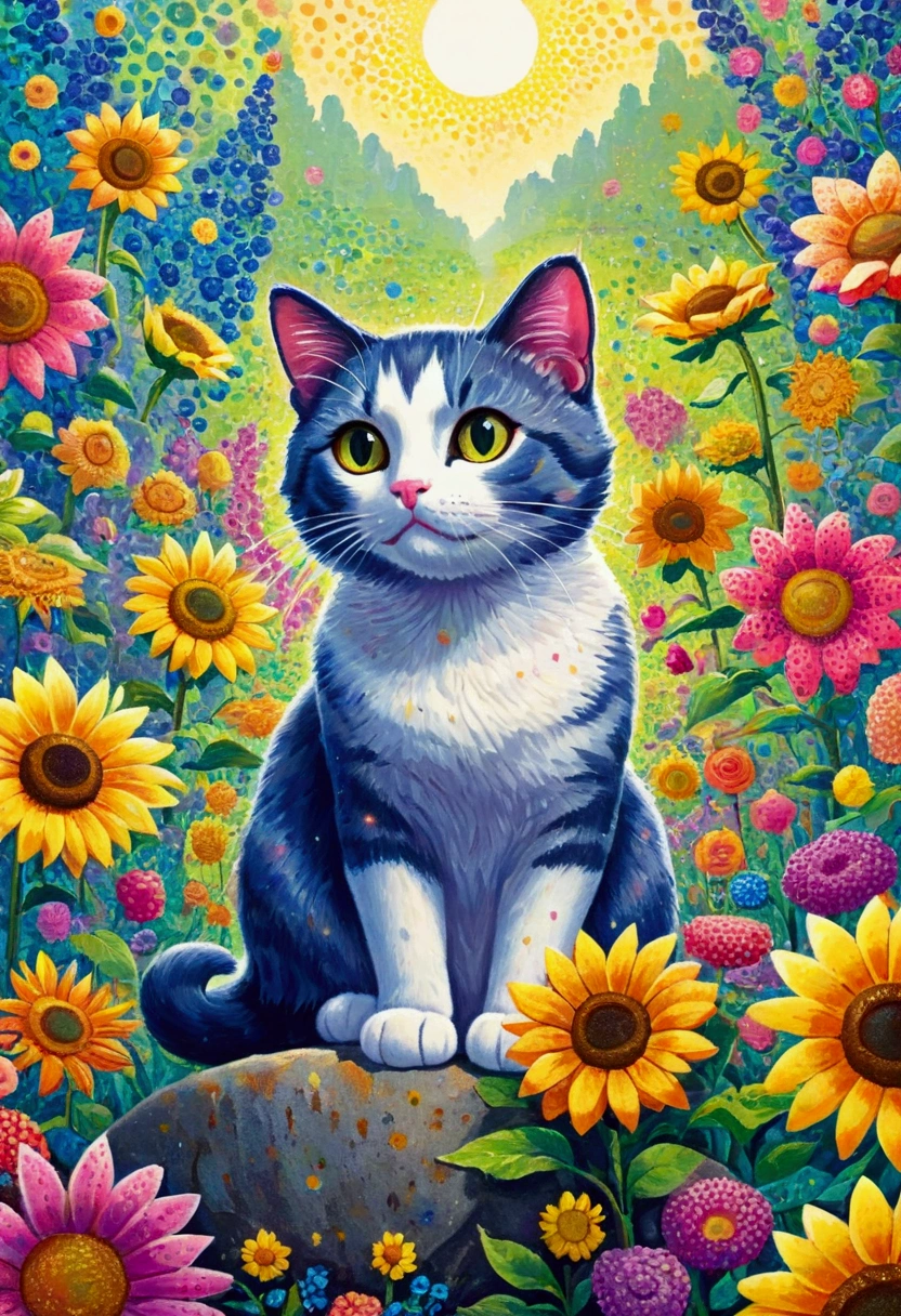 A painting of a cat sitting on a rock surrounded by flowers, There are many points on it, a pointillism painting, saturated pointillism,Juster Battle, Cute cat in sunflower field, lisa frank (lisa frank) Portrait, cat in the forest, a A painting of a cat, cat detailed, Louis William Wayne, inspired by Louis Wain, Lovely and detailed digital art, author:lisa frank, A painting of a cat, Detailed 4k