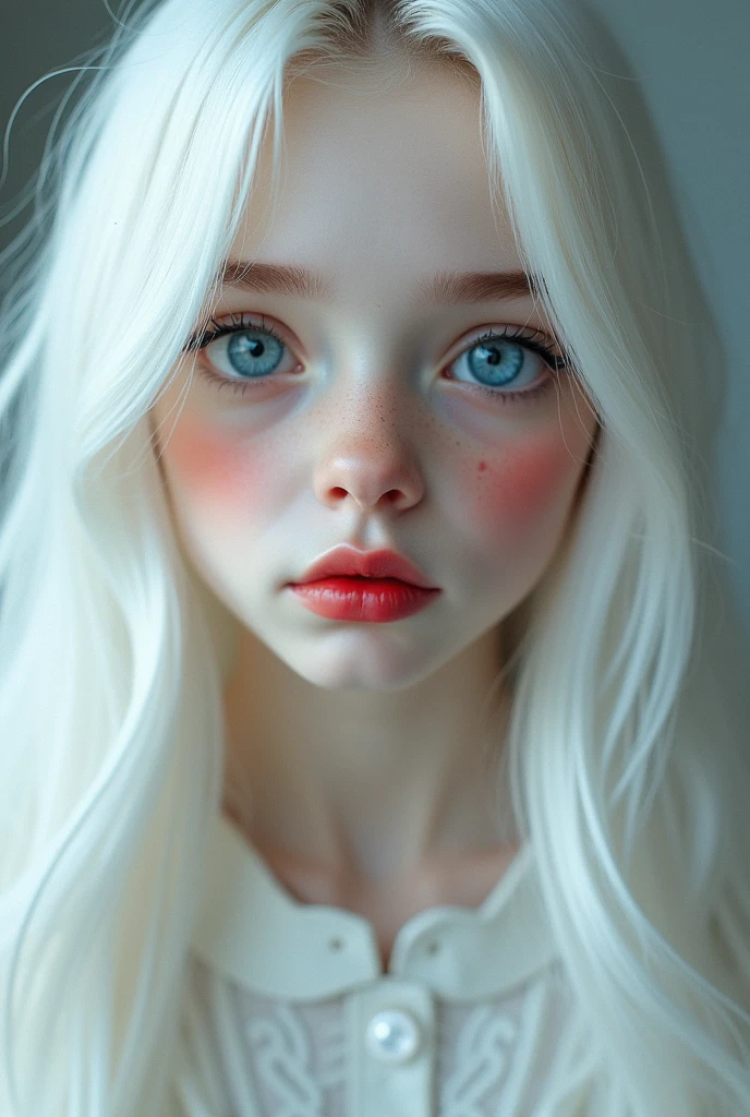a girl with white long hair blue eyes white pale skin red lips white eyebrows button nose, photography, hyper realistic
