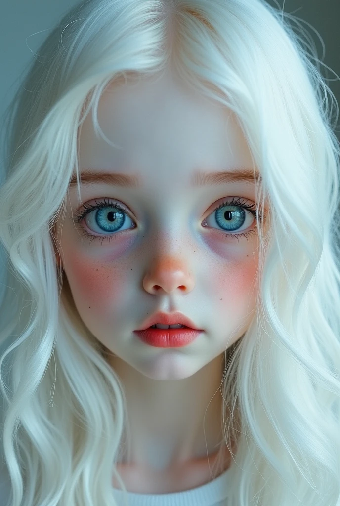 a girl with white long hair blue eyes white pale skin red lips white eyebrows button nose, photography, hyper realistic
