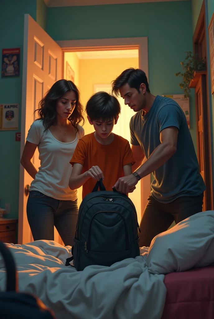 The boy, still angry, hurriedly stuffs clothes into a backpack in a small bedroom. The walls have posters, and the bed is unmade. His mother stands near the door with tears in her eyes, while the father tries to hold the boy's arm to stop him from leaving. The boy looks determined, not making eye contact with his parents.