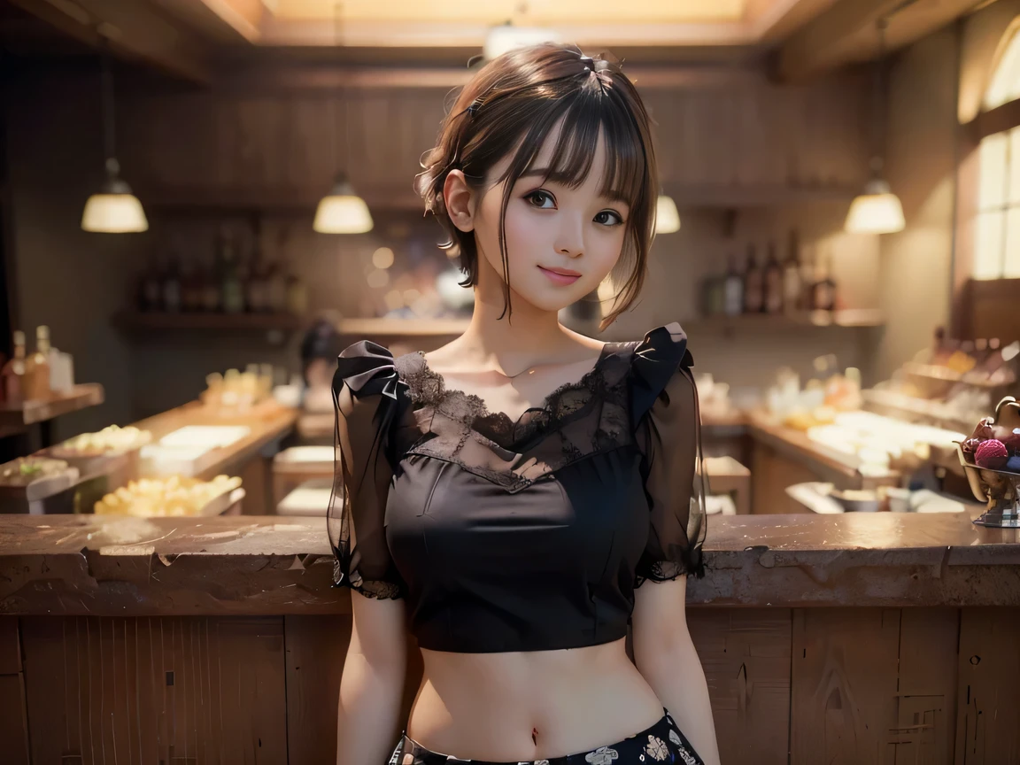(Highest quality, masterpiece, Ultra-high resolution, 8k, RAW Photos, Realistic, Anatomically correct:1.5), 20-year-old girl:1.2, Embarrassing, avert your eyes, blush:1.0, View Viewer, ((bar)) 、Large windows、Night view、 Light:1.2, Bokeh, Cinema Lighting:1.0, Depth of written boundary, sharp、 Cute Face、Idol、(Black short sleeve lace top)、(Black tulle skirt)、(Black clothing)、(Floral clothes)、”dwarf”、(Full Body Shot)、(Side angle)、Cowboy Shot、( smile)、((Ultra short hair、Berry Short))、(Straight bangs)、((See-through))、(( One woman))、look back、I can see your belly button、