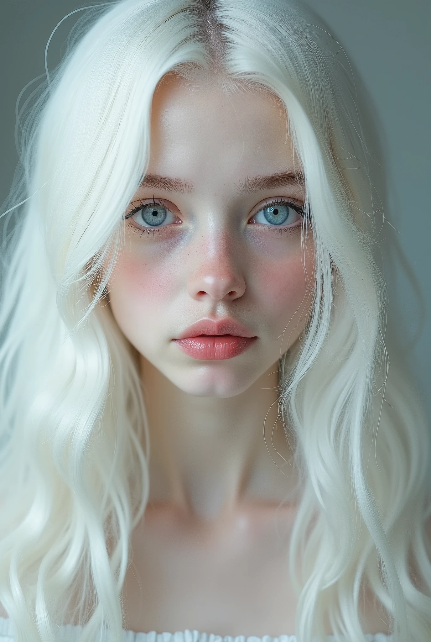 a girl with white long hair blue eyes white pale skin red lips white eyebrows button nose