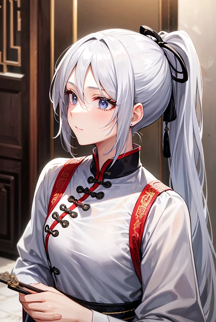 A man with silver hair、She has her hair tied up in a ponytail。Wearing Chinese-style clothing、The presence of a mole on the tear trough is characteristic.。In sophisticated style、Has a mysterious and cool vibe。
