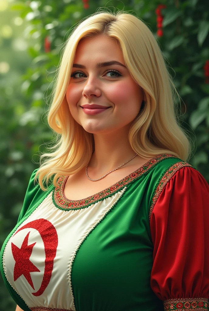 Close-up of a blonde, plump woman wearing a black and white embroidered and patterned dress. Drawn on it is the Algerian flag in white and green, green nature background