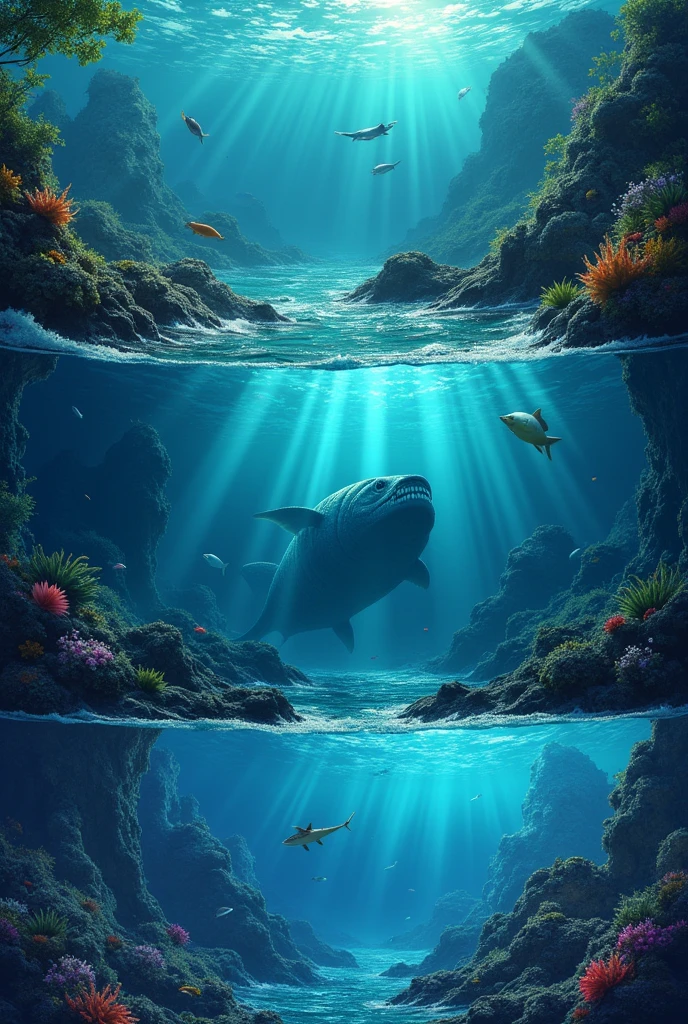 Help me generate a four-grid picture，Each grid contains a different deep sea scene，There is a calm，There is a deep，There are rough waves，There are many marine creatures