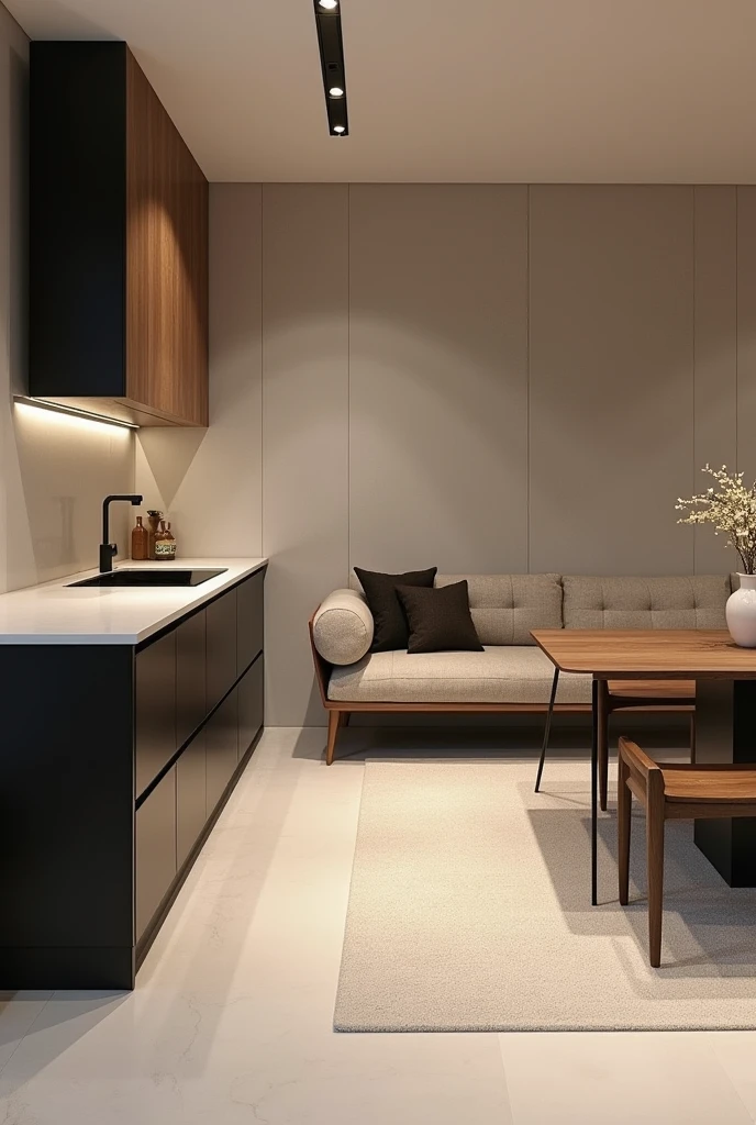 Dining room with sofa against the wall with black MDF and wooden MDF in the cabinets and light porcelain floor, touches of lighting and minimalist and organic furniture