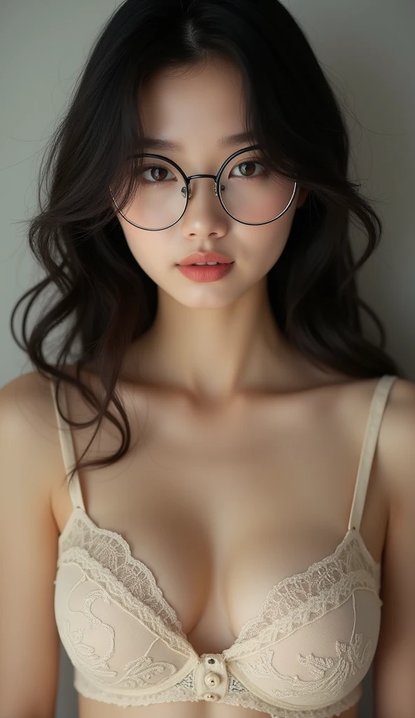 A korean girl with curly hair and very big breasts, taking a realistic photo，High nose bridge，Small Eyes，wear glasses，Affectionate，half naked，can see her nipples through the bra