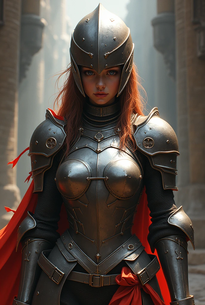 original character, Fantasy Concept Art, Volumetric lighting, Best Shadow, Shallow depth of field, Portrait of a Noble Knight Girl, Dignified, Delicate Tactical Heavy Armor, Opaque visor,  (Highest quality, Amazing details:1.25), brightly colored paintings、(Big Tits:1.8)、