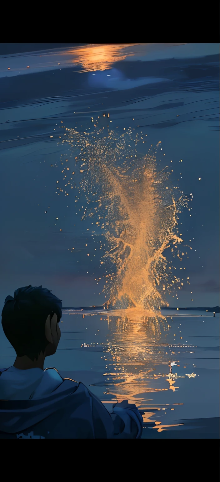 A boy in a sweatshirt looking at the sparkling water