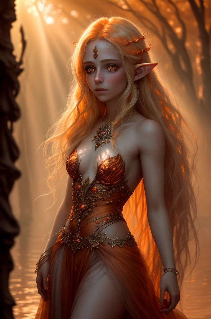 (Realystic:1.4), analog photo style, full body shot, A breathtaking elf, radiant with blonde hair, ultra-photorealistic, surreal, (masterpiece), messy hair, beautiful face, her delicate features illuminated by the soft glow of the setting sun, cinematic light, shy look to the camera, (((glowing orange eyes))), perfect anatomy, sunset, multicoloured smoke on background, dark fantasy atmosphere, deep shadows with the some sun rays, a delicate balance between reality and fantastic, faded colours, Masterpiece, most detailed blurred surreal background, naturally textured, 6k quality, ilford delta 400, film grain, bokeh.