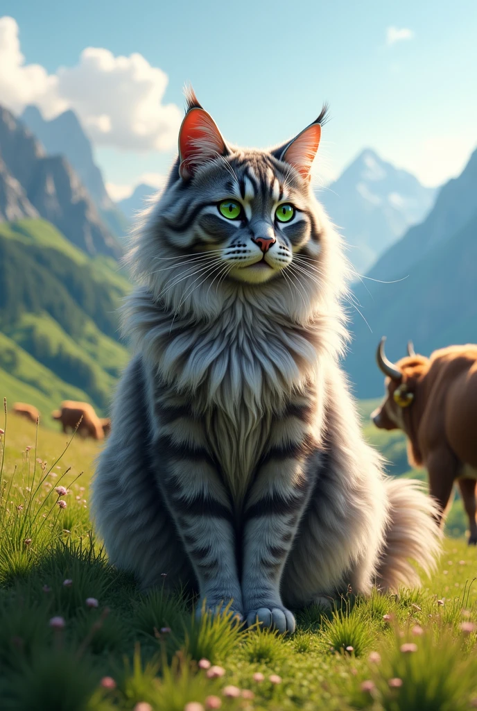 chat Mainecoon, silver grey, big size, poils soyeux longs, emerald green eyes, mountain landscape Haute Savoie, Sunny summer, green, blue sky, brown cows with bell in the background