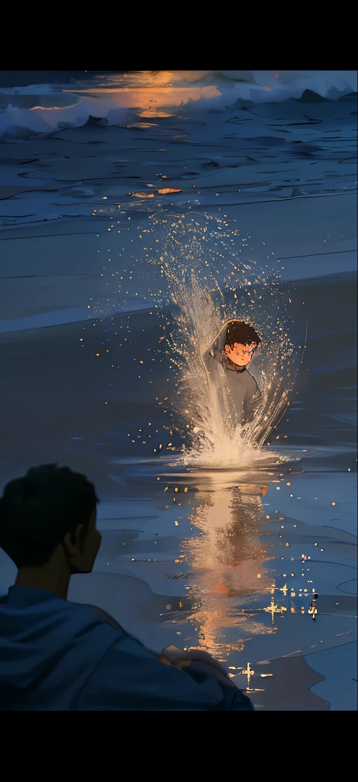 A boy in a sweatshirt looking at the sparkling water