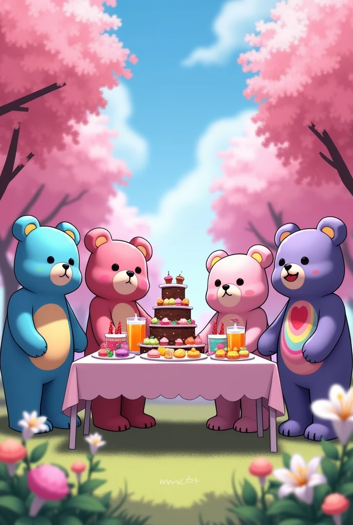 Birthday picture in the middle of cherry blossom trees in the world of Minecraft. From left to right, there is a blue bear with a moon belly, a pink bear with a red heart belly, a light pink bear with a rainbow belly, and a purple bear with a smiling face. Desserts on the high table include macarons, dark chocolate cupcakes, fruit juice, orange juice, a 2-tiered fruit cake, and a vase of white lilies. There is the word &quot;Happy birthday to you&quot; in an artsy and anime style.