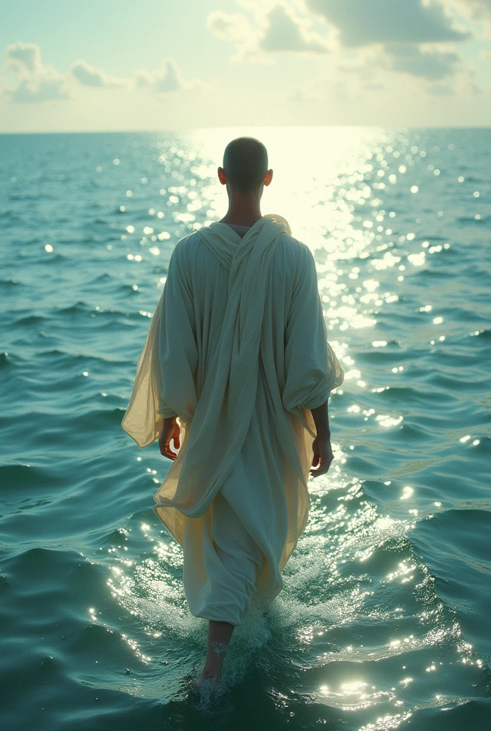 Setting: A vast, shimmering ocean at daylight, not too bright
Main character: A lean, average-height man in tunics like what Jews wear, short haircut walking on top the water going to a Person who is divine just like Peter going to Jesus
View: Mans back ia the point of view, around 2 miles in midst of water
Emotional state: The man appears to be both afraid and hopeful.
Atmosphere: The scene is peaceful and contemplative, with a hint of melancholy
Landscape size